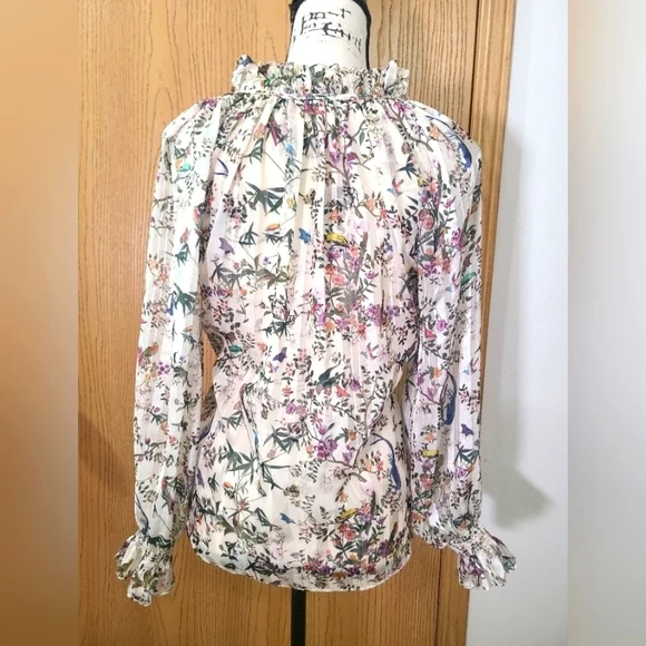 H&M Bird Floral Print Striped Sheer Ruffle Collar Top - Picture 2 of 3